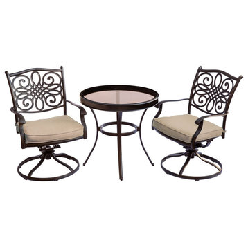 3 Pieces Patio Set, Round Glass Table & Swivel Padded Chairs With Patterned Back