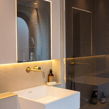 Semi-recessed basin and wall mounted tap