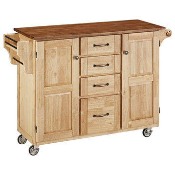 Contemporary Ktichen Cart, Oak Wooden Top With 2 Cabinets & 4 Drawers, Natural