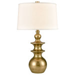 Elk Home - Depiction Table Lamp, Bronze - The Depiction Table Lamp features a tapering, curved base that adds a sense of balance and poise to an interior arrangement. Made from resin, this lamp comes in a cold cast bronze finish, giving it a rich, luxe appeal. The design is topped with a round, hardback shade in white, textured linen. Ideal for modern or transitional interiors, this lamp will brighten bedside cabinets, living room side tables or hallway consoles.