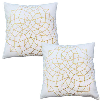 Benzara UPT-266359 Square Throw Pillow, Embroidered Geometric Pattern White/Gold
