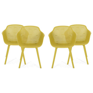 Set of 4 Outdoor Dining Chair, Polypropylene Construction With Mesh Back, Yellow