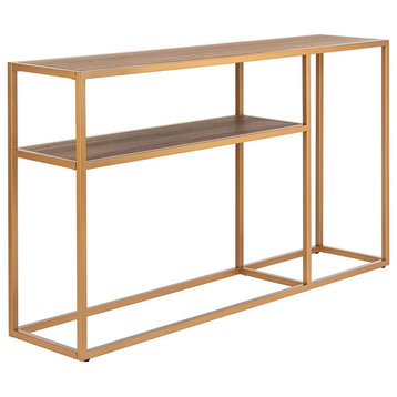 Contemporary Console Table, Gold Metal Frame With MDF Top and Shelf, Walnut
