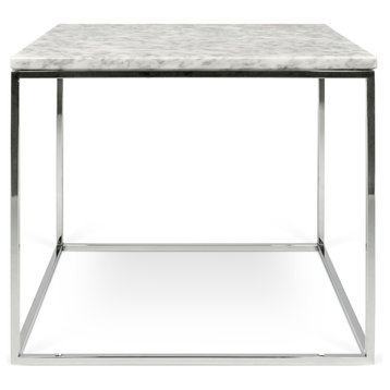 Gleam 20"x20" Marble Side Table, Top: White Marble, Base: Chrome