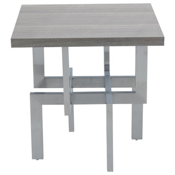 Illusion Gray Wood End Table with Brushed Stainless Steel Base