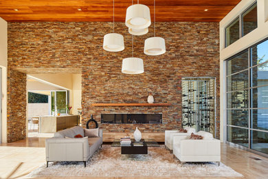 Inspiration for a modern enclosed travertine floor, beige floor and wood ceiling living room remodel with white walls, a standard fireplace and a stone fireplace