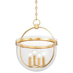 Hudson Valley Lighting - Malloy 4 Light Foyer Pendant, Vintage Gold Leaf - Malloy brings a chic, modern update to the traditional bell jar. An elongated semi-circular clear glass shade partially encloses an elliptical metal framework of Aged Iron or Vintage Gold Leaf. A matching metal band along the top of the glass holds the elements in place with screw details set on the interior band.