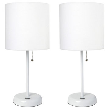 White Stick Lamp With Usb Charging Port/Fabric Shade 2 Pack Set, White