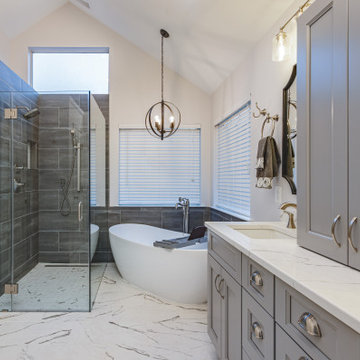 Sleek bathroom remodel in Centerville, VA with double vanity & walk-in shower