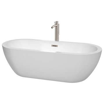 Soho 72" Freestanding White Bathtub, Brushed Nickel Tub Filler & Trim Kit