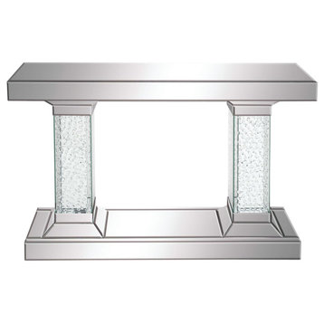 Elegant Console Table, Mirror Body With Faux Crystal Columns & Large Top, Silver