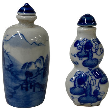 2 x Chinese Porcelain Snuff Bottle With Blue White Scenery Graphic Hws1280