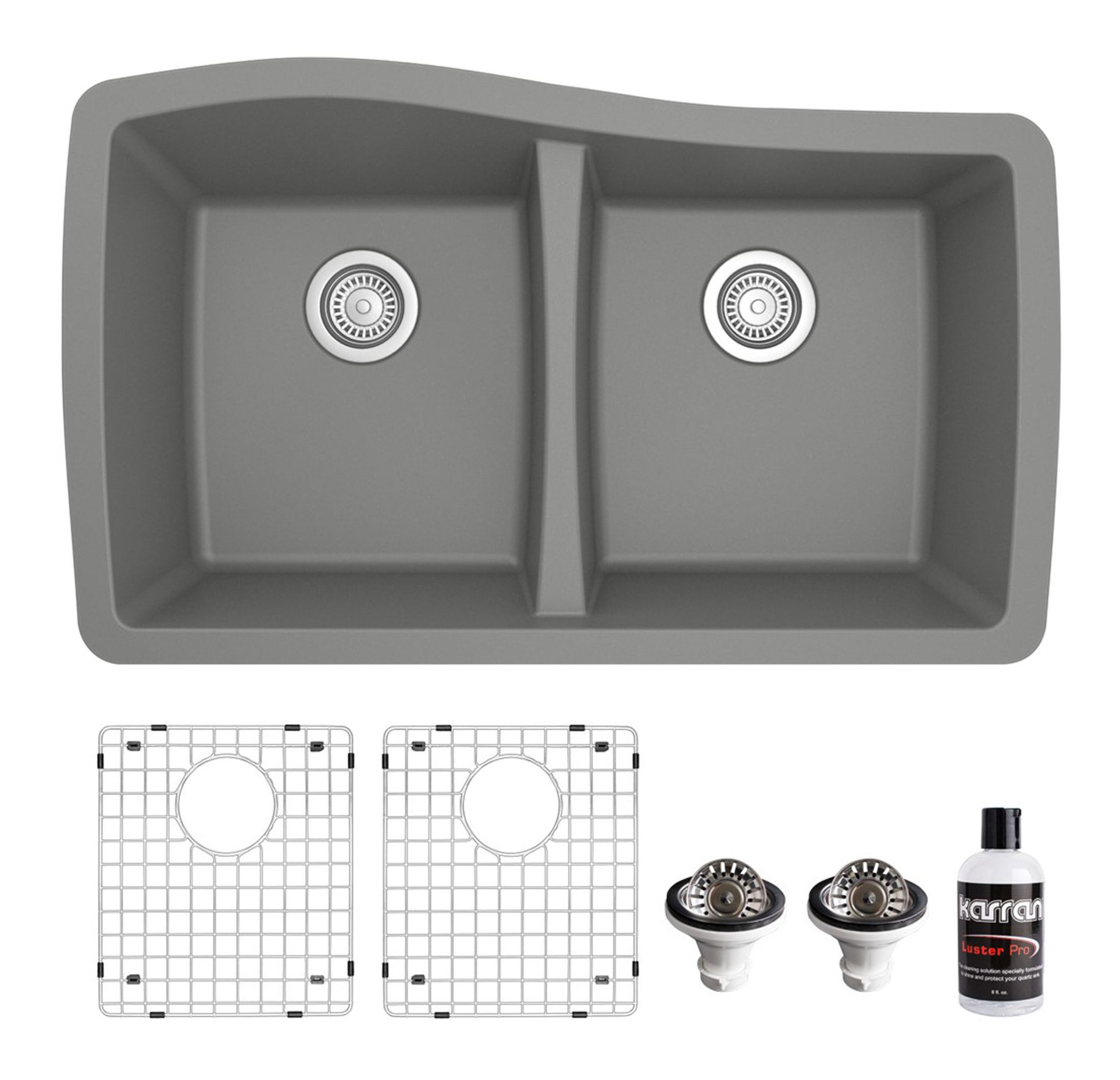 Karran Undermount Quartz 33" 50/50 Double Bowl Kitchen Sink Kit, Grey