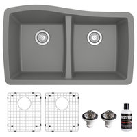 Karran Undermount Quartz 33" 50/50 Double Bowl Kitchen Sink Kit, Grey