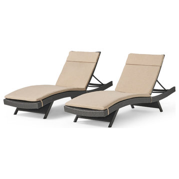GDF Studio Nassau Outdoor Wicker Adjustable Lounges, Beige Cushions, Set of 2