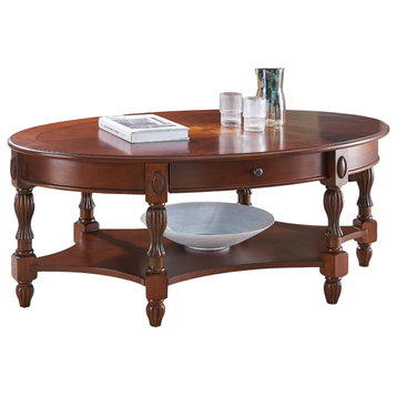 Traditional Coffee Table, Carved Legs With Oval Shaped Top & Shelf, Dark Brown