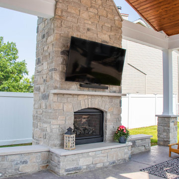 Open Gable Pool House with Fireplace and Grilling Area