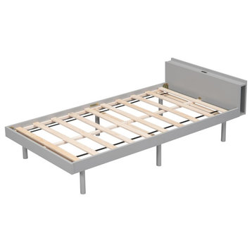 Modern Low Profile Platform Bed, Slat Support, Gray/Twin With Headboard