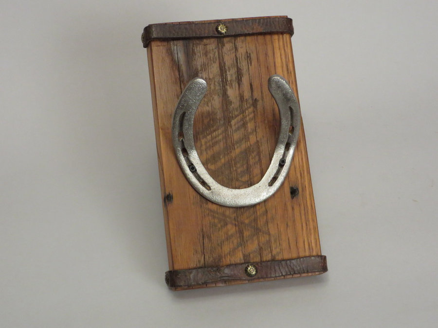 #R15024 Coat Rack Reclaimed Chestnut Oak, horseshoes, leather.