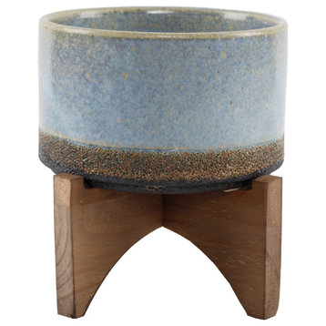 5.1" Opening Lava Ceramic On Wood Stand, Blue