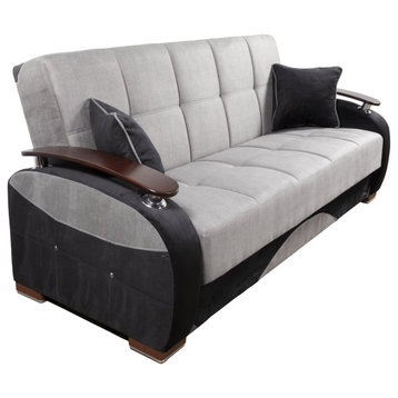 Modern Sleeper Sofa, Soft Microfiber Seat & Elegant Curved Wooden Arms, Gray