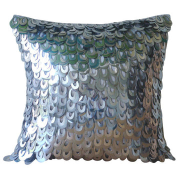 3D Metallic Sequins Silver Art Silk 16"x16" Cushion Covers, Metallic Scales