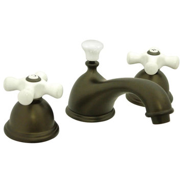 Widespread Bathroom Faucet, Dual Crossed White Handles & Pop Up Drain, Bronze