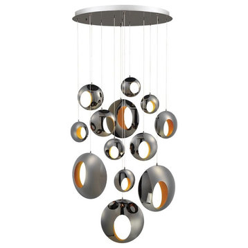 Contemporary 13-Light LED Chandelier Blackened Chrome/gold Metal Orbs-13.5