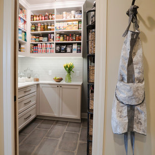 Mid-sized farmhouse kitchen pantry appliance - Mid-sized country u-shaped porcelain floor and gray floor kitchen pantry photo in St Louis with an undermount sink, flat-panel cabinets, white cabinets and quartz countertops
