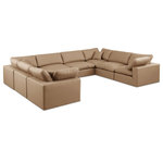 Meridian Furniture - Comfy Upholstered U-Shaped Modular Sectional, Tan, 8-Piece: 4 Armless Chair, 4 Corner Chair, Vegan Leather - Give your space a whole new look with this tan Comfy vegan leather sectional. This handsome sectional fits nicely with other items in the Comfy collection and is a versatile seating option designed for adaptability, comfort and style. Wrapped in rich tan durable vegan leathered upholstery, this sectional offers a plush embrace of overstuffed down feather cushions, carefully crafted to deliver the highest level of comfort. The perfect seat for creating an oasis for relaxation, this sectional has thick foam surrounding its frame for added support and coziness.