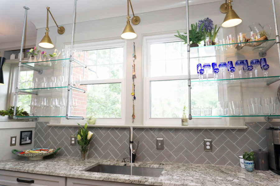 Extra storage/ Custom crafted glass shelves with galvanized tubing