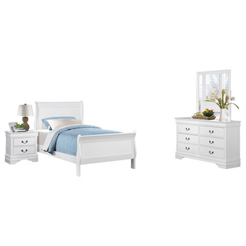 4-Piece Modern Full Sleigh Bed, Dresser, Mirror, Nightstand, Burnished White
