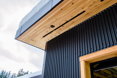 Example of a large mountain style multicolored one-story mixed siding exterior home design in Vancouver with a metal roof