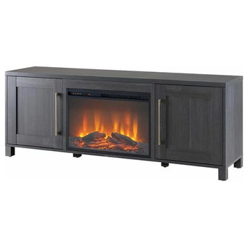 Transitional TV Stand, Fireplace and 2 Doors With Brass Metal Pulls, Charcoal Gray