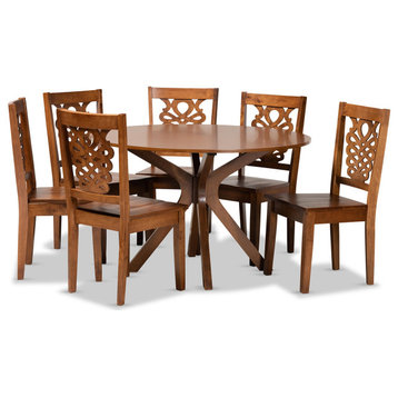 Transitional Dining Set, Round Table & Unique Cut Out Back Chairs, Walnut Brown