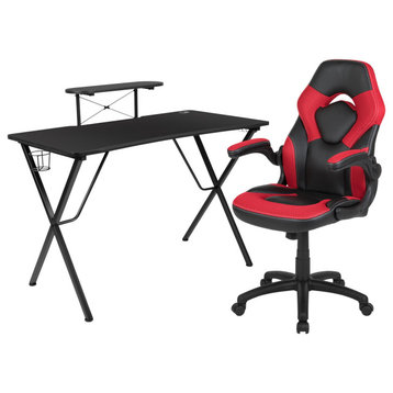 Modern Gaming Desk With Comfortable Chair, Raised Shelf & Cup Holder, Red