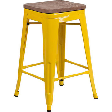 24" Backless Metal Counter Height Stool With Square Wood Seat, Yellow