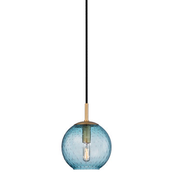 Rousseau 1 Light Pendant-Blue Glass in Aged Brass with Blue Glass