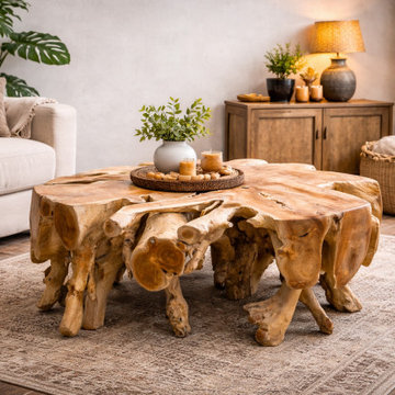 Round Teak Root Coffee Table Solid Wood Natural Design