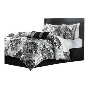 California King Size 5 Piece Black White Damask Comforter Set