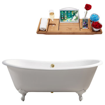71" Cast Iron R5240WH-GLD Soaking Clawfoot Tub and Tray With External Drain