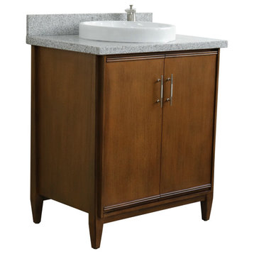 31" Single Sink Vanity, Walnut Finish, Gray Granite With Round Sink