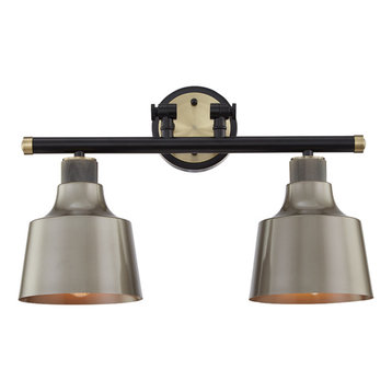 2 Light Vanity Light in Black W/Antique Brass with Grey Green Metal Shades