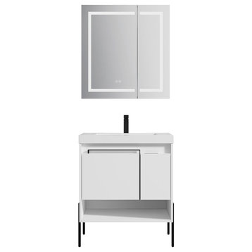 Freestanding Bathroom Vanity Set, Open Shelf, Matte White, 30'' With Acrylic Sink