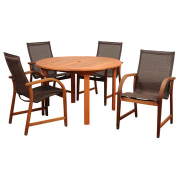 Amazonia Bahamas 5-Piece Ecualyptus Round Dining Set With Brown Sling Chair