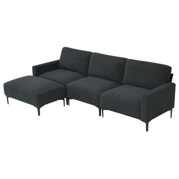 Modern Sectional Sofa, Padded Velvet Fabric Seat With Movable Ottoman, Dark Gray
