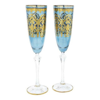 GlassOfVenice Set of Two Murano Glass Wine Glasses 24K Gold Leaf - Blue 