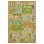 Bareens Designer Rugs - Southwestern Turkish Kilim Bell Hand-Woven Wool Rug - 4'2'' x 5'10'' - Elevate the elegance of your home with this stunning hand-woven tribal Kilim wool rug. Meticulously crafted on a loom by the Nomad Turkman people using hand-spun wool and 100% natural vegetable dyes, these rugs are recognized for their repetitive geometric patterns, incorporating naturalistic floral and traditional designs. The contemporary fashion palette results in bold, sharp patterns that are incredibly versatile, as the pattern is the same on both sides. These reversible rugs feature a lighter shade on one side and brighter colors on the other, providing versatility according to preference. These unique rugs are made by knotting short strands of different colors onto the warps and securing them by tightly pressing the wefts. The designs are created by interweaving the various colored wefts and warps. Kilims are known for their exceptional durability and versatility, making them truly unique rugs.  Product Details    Rug Size: 4'2'' x 5'10''  Material: 100% Wool  Style: Kilim, Flat Weave, Dhurrie, Turkish, Southwestern, Rustic, Tribal  Colors: Blue, Purple  Weave Type: Hand-Woven, Handmade  Pile Height: Less than 0.25 inch