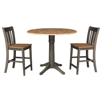 42" Round Drop Leaf Counter Height Table with 2 Stools in Hickory/Washed Coal
