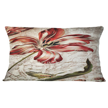 Red Floral Pattern With Butterfly Floral Throw Pillow, 12"x20"